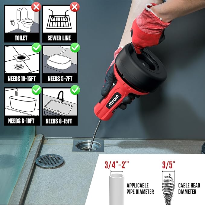 POPULO Auto-Feed 17FT Drain Snake Auger, Plumbing Snake Drain Auger with Drill Adapter, Sink Snake Drain Hair Remover for Kitchen, Bathroom and Shower Sink, PMDA-5