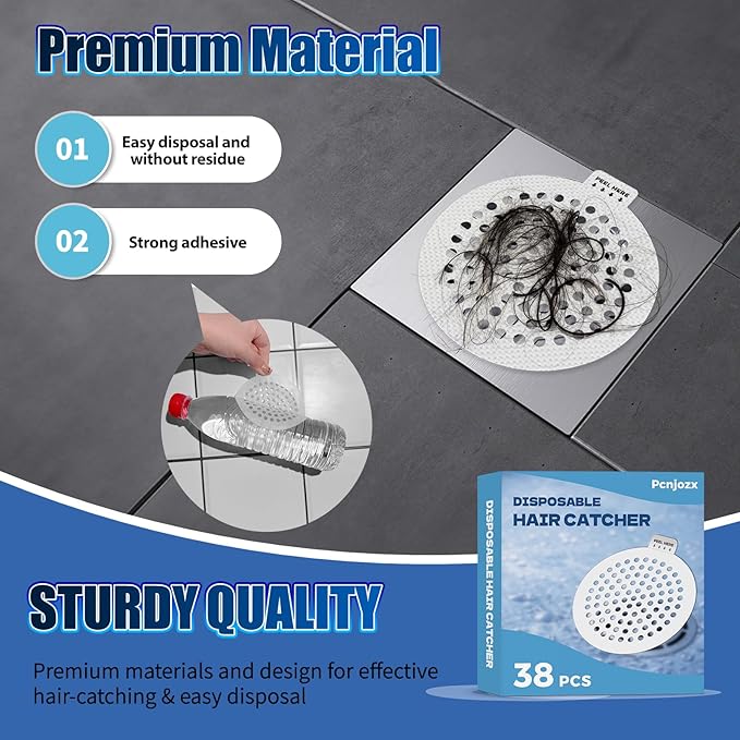 38 PCS Disposable Shower Drain Hair Catcher, Mesh Drain Covers Stickers, Peel & Stick Drain Strainers to Stop Clogs, Strong Adhesive Mesh Stickers for Bathtub, Bathroom, Kitchen Sink, Easy Peel Remove