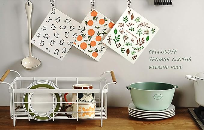 Swedish Dishcloth Reusable Kitchen Dish Towels Absorben and Fast Dry Cleaning Cloths Set of 4 No Odor Wipes (Orange)