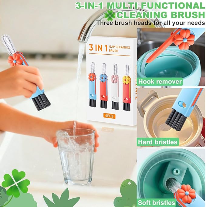 3 in 1 Cup Lid Cleaning Brush, Multifunctional Gap Cleaning Brush, Home Kitchen Crevice Brush, Portable Bottle Cleaner Brush for Cleaning Tight Spaces, Bottle Gaps, Travel Mug Caps(4 PCS)