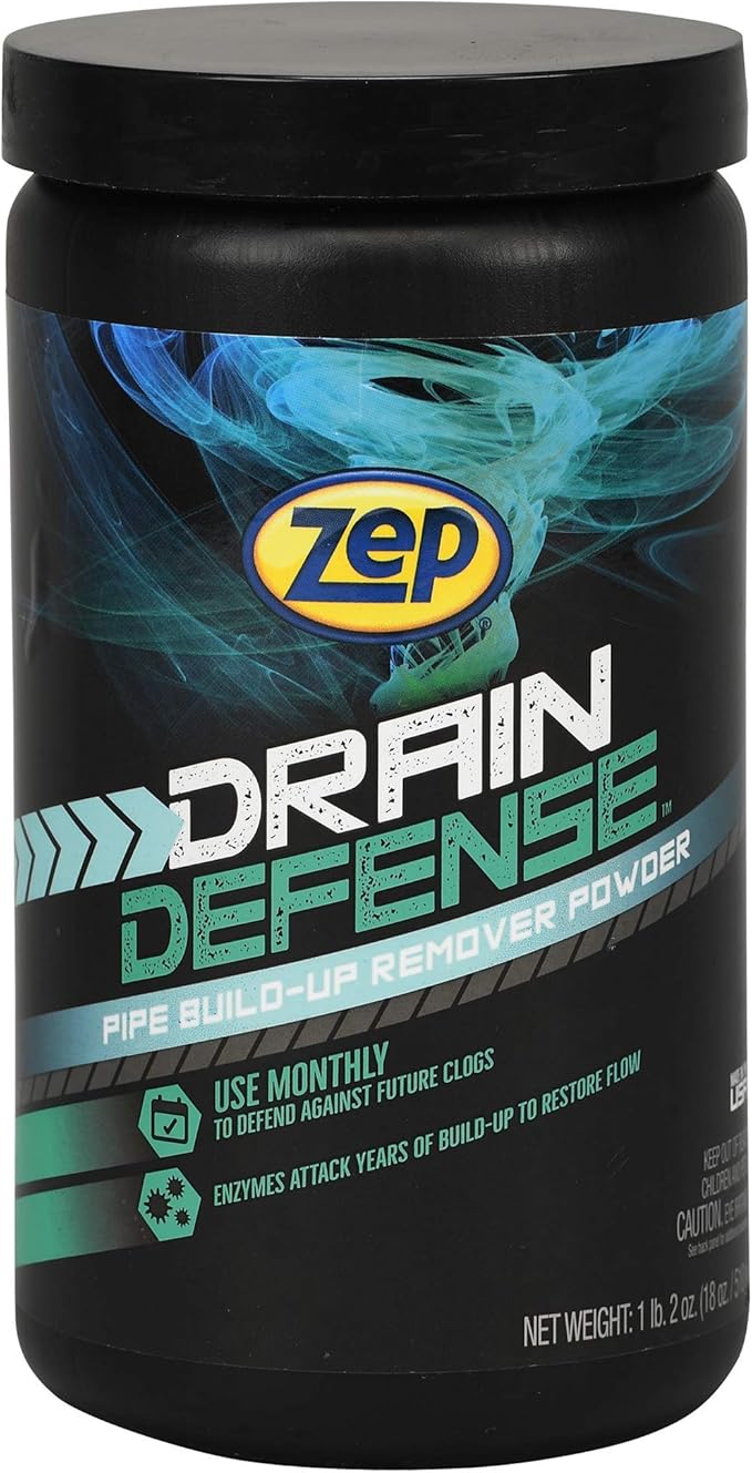 Zep Drain Defense Pipe Build-Up Remover - 64 Ounces - ZLDC648 & Drain Defense Enzymatic Drain Cleaner Powder - 18 Ounces - ZDC16 - Safe for Pipes