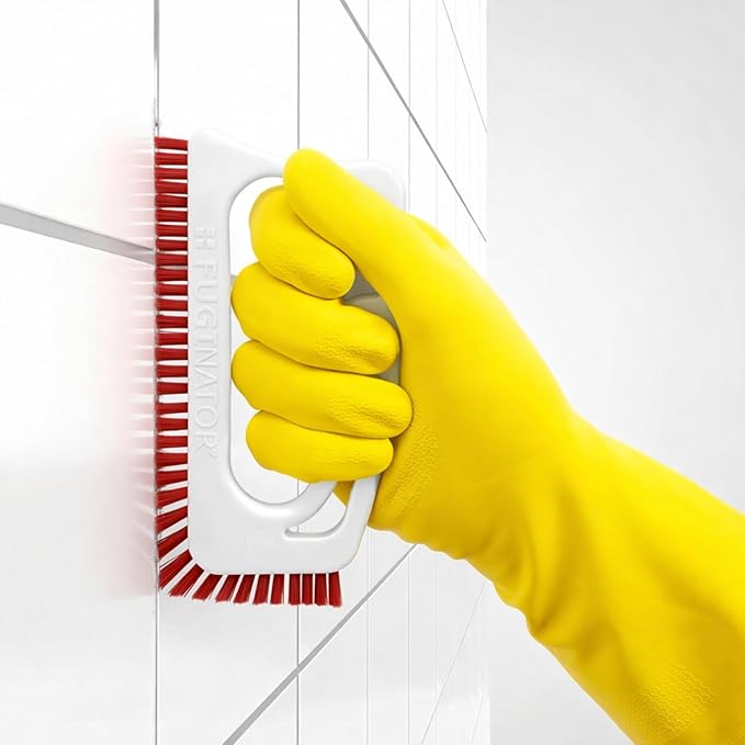 FUGINATOR® Grout Brush White/Red - Ergonomic Heavy Duty Cleaning Brush for Bathroom, Shower & Kitchen - Deep Detail Scrubber for Wall & Floor Tiles, Crevices & Tight Spaces - Made in Germany