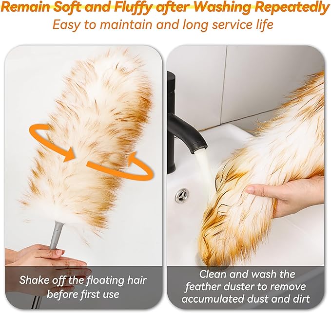 Lambswool Duster with Extension Pole up to 88.58 in, Natural Feather Dusters Long Handle Stainless Steel, Fluffy Feather Duster for Cleaning High Floor Ceiling Fans, Window Blinds Shelves, Furniture