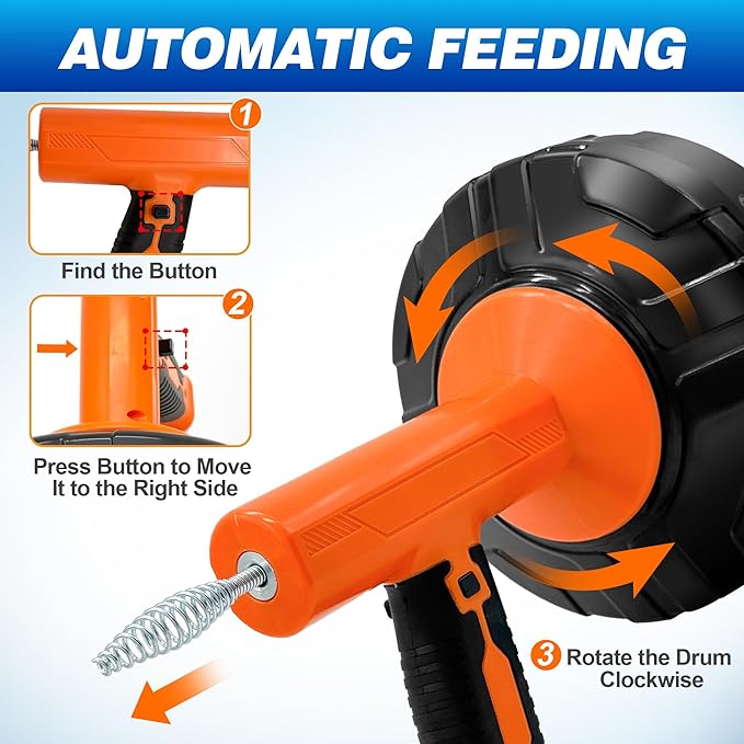 Auto Feed Drain Auger with Drill Adapter, 33 Feet Drain Snake Hair Clog Remover, Manual or Powered Plumbing Snake Drain Cleaner for Bathroom, Shower, Kitchen Sink, Comes with Gloves