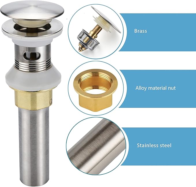 Bathroom Sink Drain,5 Pack Drain Stopper Bathroom Sink with Overflow,Pop Up Drain Assembly with Detachable Strainer Basket,Built-in Anti-Clogging Strainer,Stainless Steel Brushed Nickel