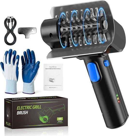 Electric Grill Brush with Dual Safety Lock - Ideal Gift for Men Dad Husband, Professional BBQ Cleaner with Submersible 304 SS Head, Splash-Proof Scrubber for Outdoor Grill (Blue Button)
