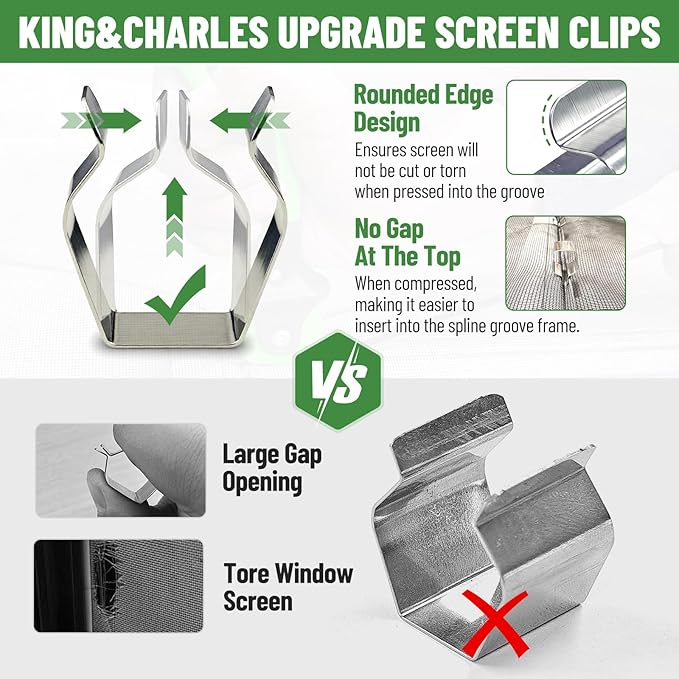 King&Charles Screen Repair Kit, Screen Roller Tool, Steel/Nylon Roller with Bear+8pcs Screen Clips+32ft Screen Spline+Removal Hook, 5 in 1 Window Screen Door Repair Kit,for Installing Door Window Mesh