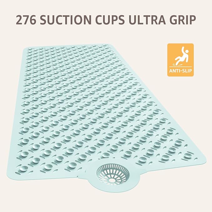 OTHWAY Bath Mat for Tub Non Slip: 39" X 17" Long Bathtub Mat with Hair Catcher│Big Drain Holes Shower Mats for Inside Shower│Machine Washable (Light Blue)