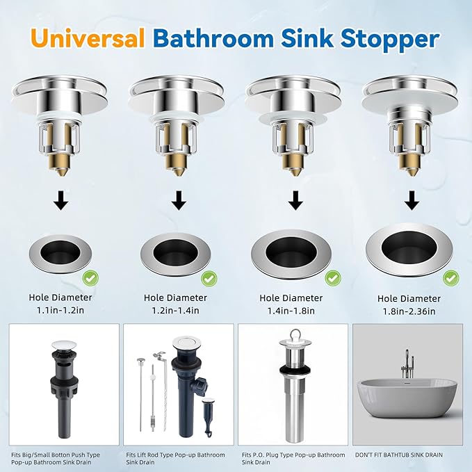 Universal Bathroom Sink Stopper, Metal Pop Up Sink Drain Strainer with Detachable Hair Catcher, Fits 1.1"-2.36" US Basin, Wash Basin Drain Plug with Big/Small Cover Cap, Brass Bounce Core, Chrome