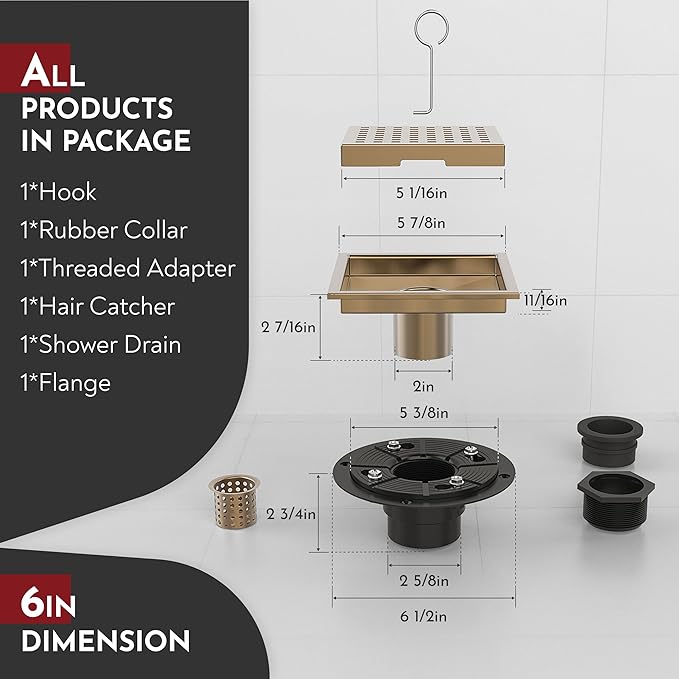 WEBANG 6 Inch Square Shower Floor Drain with Flange,Quadrato Pattern Grate Removable,Food-Grade SUS 304 Stainless Steel,Watermark&CUPC Certified,Champagne Bronze