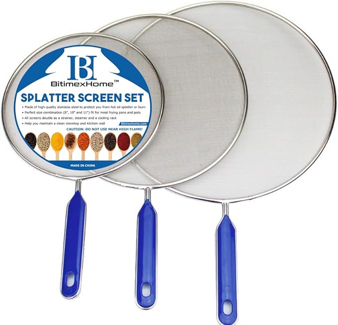 Grease Splatter Screen For Frying Pan Cooking Set of 3 (8", 10" and 11") Fine Mesh Iron Skillet Lid Guard Shield