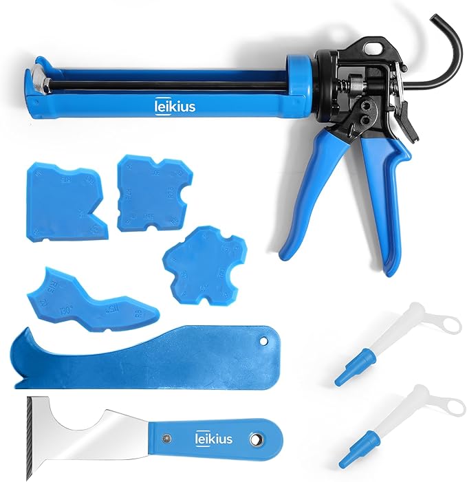 PRO Caulk Gun Kit Heavy Duty Silicone Caulking Gun Thrust Ratio 25:1 No-drip Rotating Barrel and Caulking Tools,Sealant Tools Grout Scraper For Kitchen Bathroom Sink Joint,With Gift Box