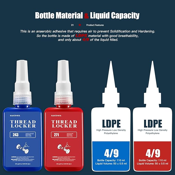 2 Pack Thread Locker - Blue 243 (Medium) & Red 271 (High) - Metal Screw Locking Sealant for Bolts/Nuts/Fasteners - Prevents Loosening/Corrosion