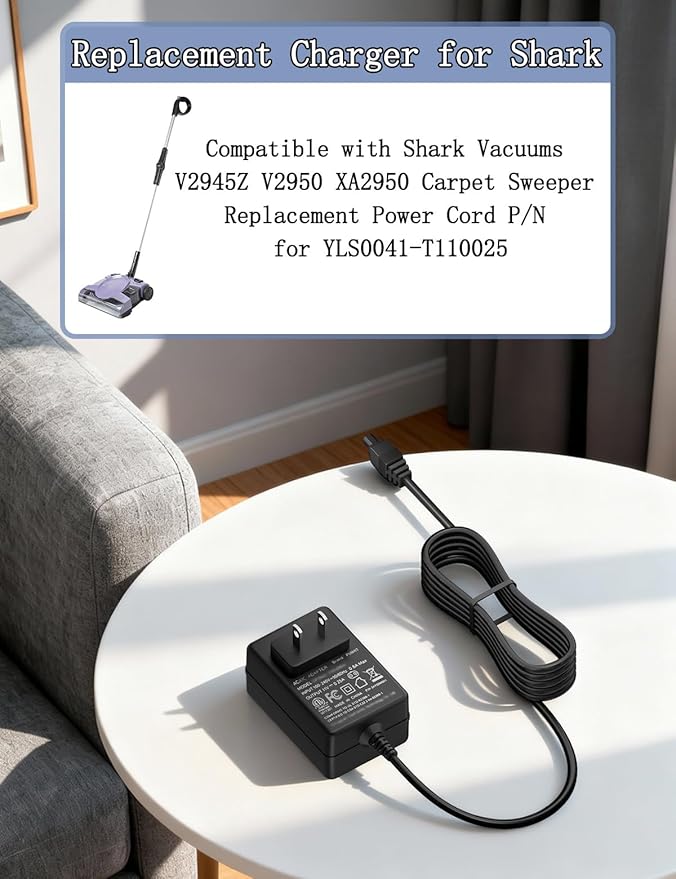 Charger for Shark V2945Z V2950 XA2950 Floor Carpet Sweeper Vacuums Replacement Power Cord P/N for YLS0041-T110025 Adapter Power Supply 6.5Ft