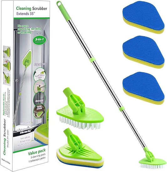 3 in 1 Scrub Cleaning Brush with Long Handle 37'', Floor Scrubber Brush Set with 1 Stiff Bristles and 3 Sponge Brush for Cleaning Bathtub Shower