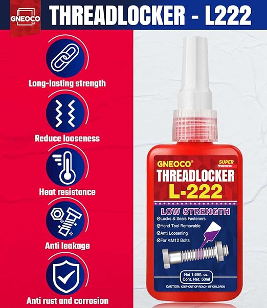 ThreadLocker Purple, Thread Lock Low Strength Lock Tight for Nuts, Bolts, Fasteners and Metals, Anaerobic Curing Metal Glue to Prevent Loosening and Corrosion (L222-50ml)