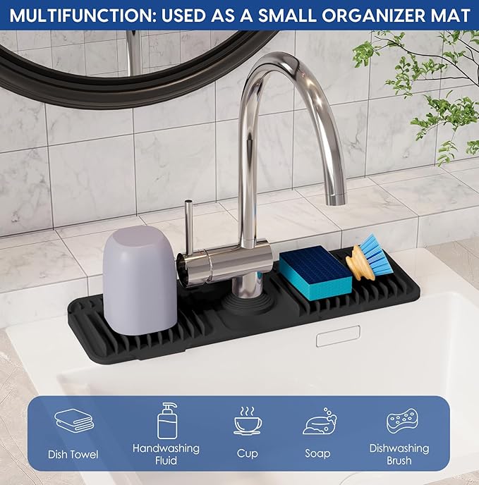 17.7 Inch Silicone Faucet Mat for Kitchen Sink Splash Guard - 7° Slope Upgraded Water Draining Mat with Fasten Button for Bathroom Area(Black, 17.7''x5.5'')