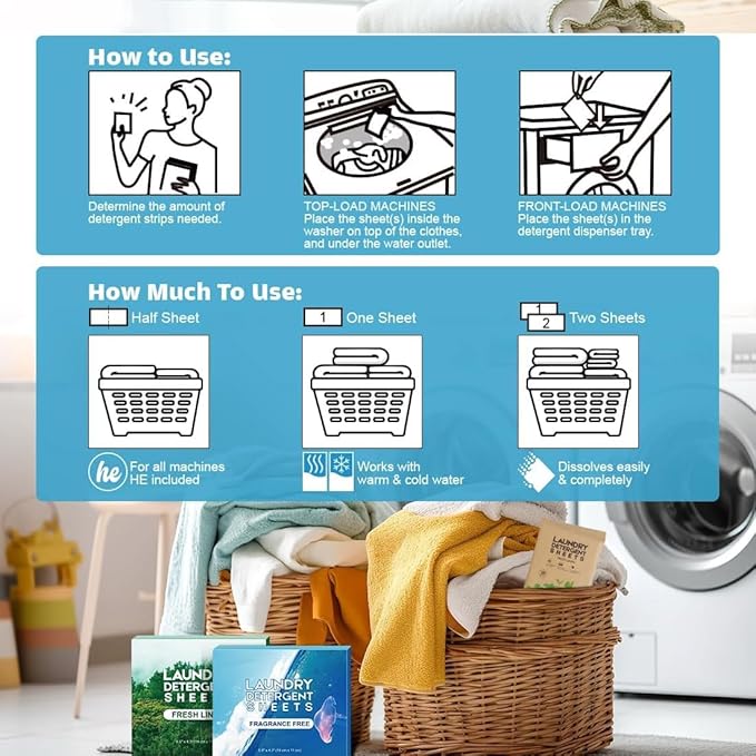 AIDEA Laundry Detergent Sheets, Unscented-(200 Loads) 100 Sheets, Laundry Detergent, No Plastic Jug, Lightweight & Easy To Use For Travel, Apartments, Dorms