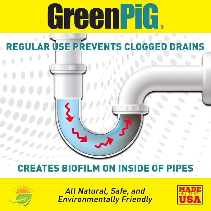 GREEN PIG Drain Clog Remover, Garbage Disposal Cleaner and Deodorizer, 58 Restore Maintain Treatment Repairs Clogged Drain, Eliminates Odors, Safe for Regular Use, 12 Packets