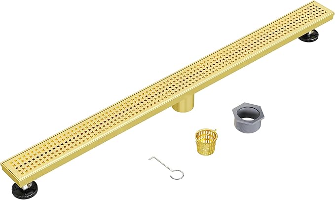 Neodrain 36-Inch Brushed Brass Linear Shower Drain with Removable Quadrato Pattern Grate,304 Stainless Steel Gold Rectangle Shower Floor Drain,Linear Drain with Hair Strainer