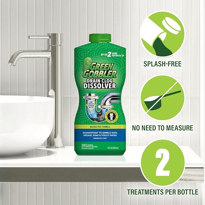Green Gobbler Drain Clog Dissolver, Drain Opener-Cleaner ,Toilet Clog Remover, 31 oz
