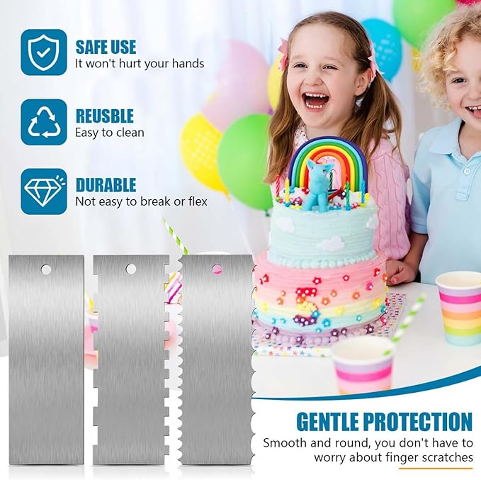 SenseYo 3 Pcs 9 Inch Stainless Steel Cream Cake Scraper Smoother Comb with Double Sides for Decorating Icing Mousse Butter