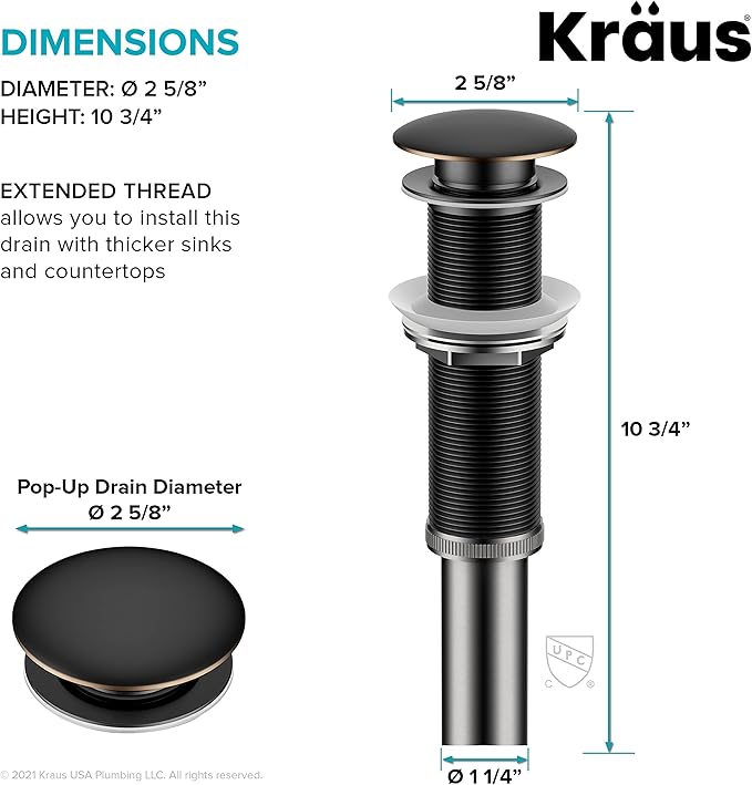 KRAUS Bathroom Sink Pop-Up Drain Assembly in Oil Rubbed Bronze for Vessel Sinks and Sinks without Overflow, with Extended Thread for Thicker Countertops,PU-L10ORB