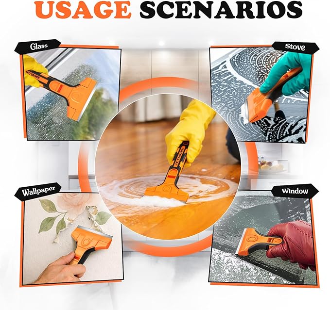 Razor Blade Scraper, Scraper Tool with 15 PCS SK5 Steel Blades, Razor Scraper, Ergonomic Handle with Blade Storage Box, Scraper for Cleaning Windows, Glass, Oven, Stove, Kitchen, Floor, Paint