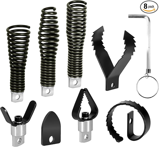 8-Piece Drain Snake Drill Attachment, Cutter and Auger Set, Compatible with 50FT-100FT Drain Cleaning Machines, Fits 5/16-inch to 3/4-inch Drain Snake Cables