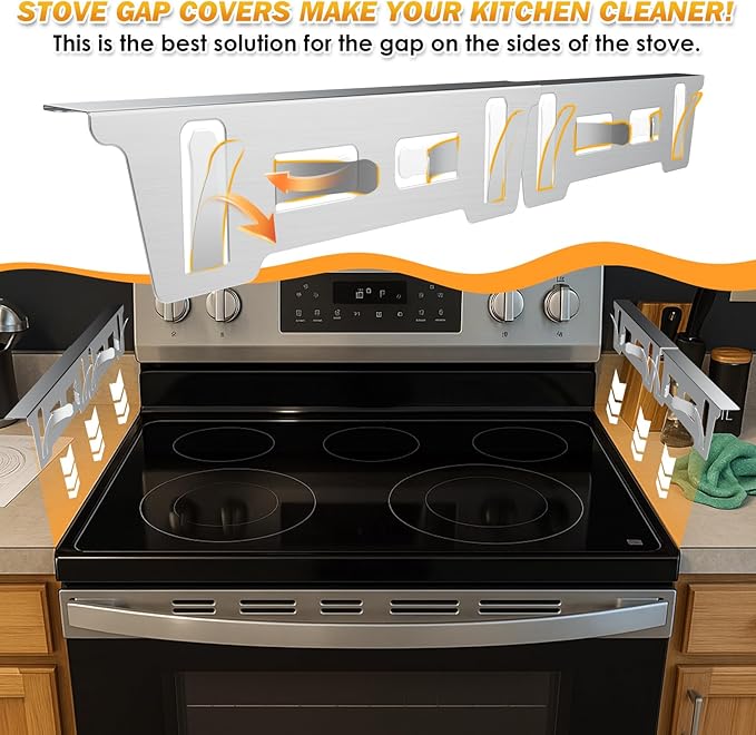 Stove Gap Covers Stainless Steel, Stove Gap Filler Between Stove and Counter, Stove Gap Guards and Range Trim Kit, Easy Retractable Length 13.8" to 27.6", Width 1", Heat-Resistant Stove Guard (2 Pack)