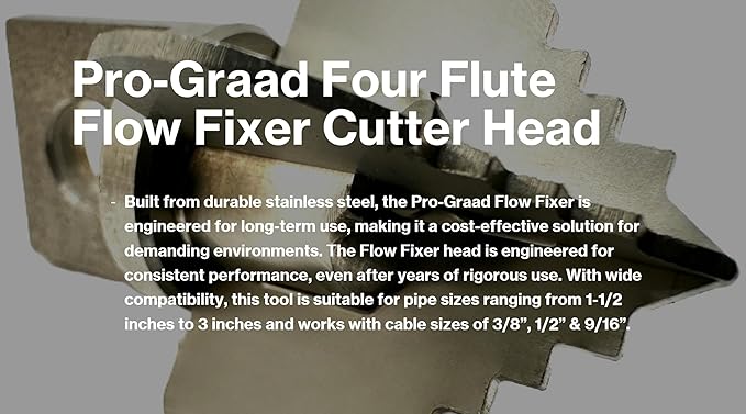 1” Spear 4 Flute Flow Fixer Drain Cleaner Plumbing Snake Cutter Head for 1-1/4” – 2” Pipes, Clears & Scrapes Inner Walls, Fits 3/8” 1/2" or 9/16” Cables, Commercial & Residential Use