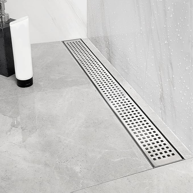 Neodrain 40-Inch Linear Shower Drain with Removable Quadrato Pattern Grate,Brushed 304 Stainless Steel Rectangle Shower Floor Drain, Linear Drain with Leveling Feet,Hair Strainer