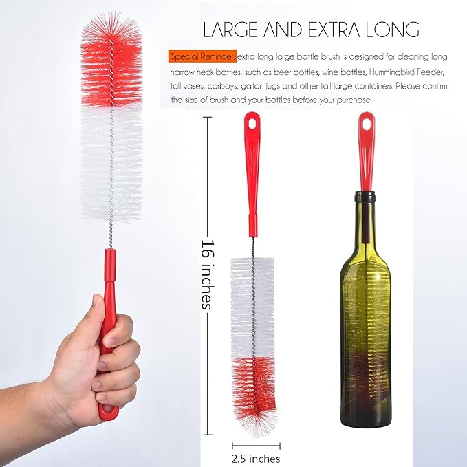 ALINK 16 inch Extra Long Red Bottle Cleaning Brush Cleaner for Washing Narrow Neck Beer/Wine/Thermos/Sport Well, Brewing Bottles, Hummingbird Feeder