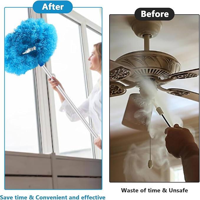 LUCKY-M Ceiling Fan Cleaner Duster, Removable Microfiber Ceiling Fan Blade Cleaner Reusable Duster with Extension Pole Adjusts 33 to 57.1 in for Cleaning Bookshelves Wall Door Window Top (Blue)