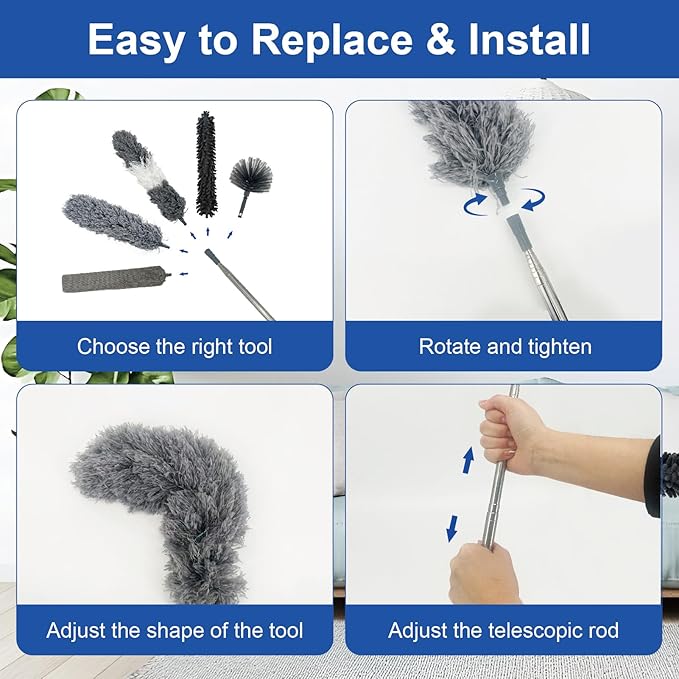 13PCS Feather Duster Kit, Microfiber Duster with Extension Pole 100 Inches, Washable & Reusable Duster for Cleaning Fans, Baseboards, Car, Walls and Floors