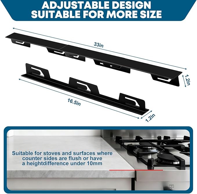 Stove Gap Covers Stainless Steel, 2PCS Anti-slip Not Sharp 16.5“~33” Adjustable Oven Gap Filler for Counter, Stove Guards Effectively Protect Cooktop Trim Kit Suitable for Even Surface