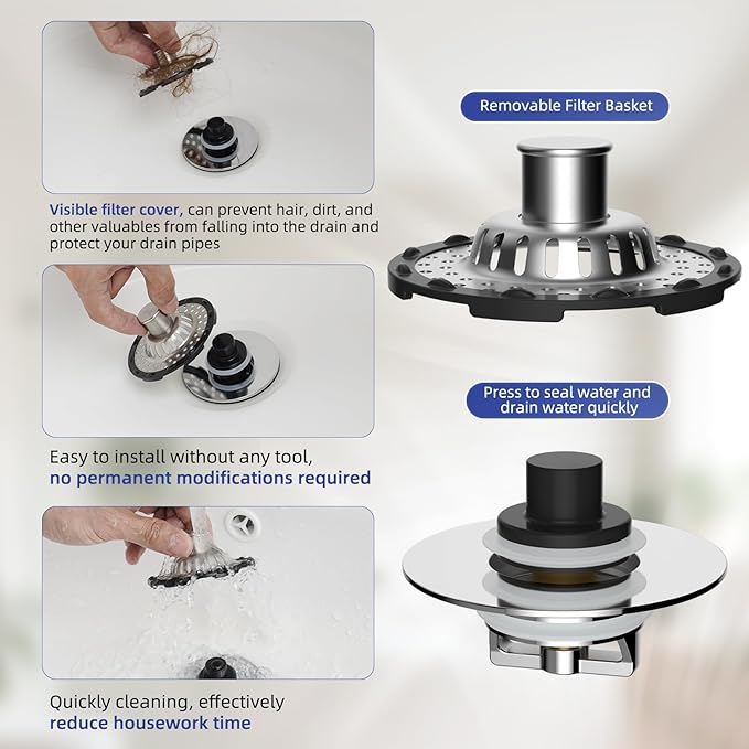 Universal Bathtub Drain Stopper Shower Drain Hair Catcher, Tub Stopper with Visible Top Strainer, Upgraded 3 in 1 Pop-up Drain Plug Fit for 1.5 to 2.4" Hole, Stainless Steel Filter Basket, Chrome