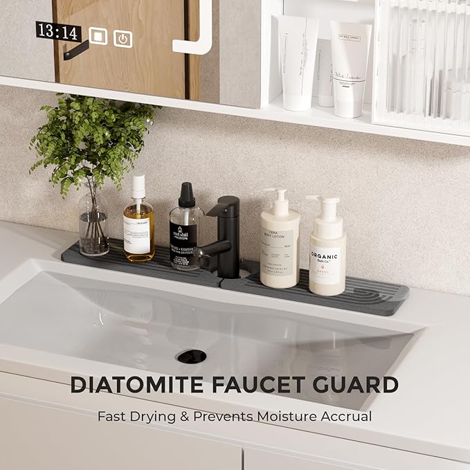 Faucet Mat for Kitchen Sink - 15.8" Quick Drying Sink Splash Guard - Water Absorbent Diatomaceous Tray Mats for Bathroom - Dark Gray