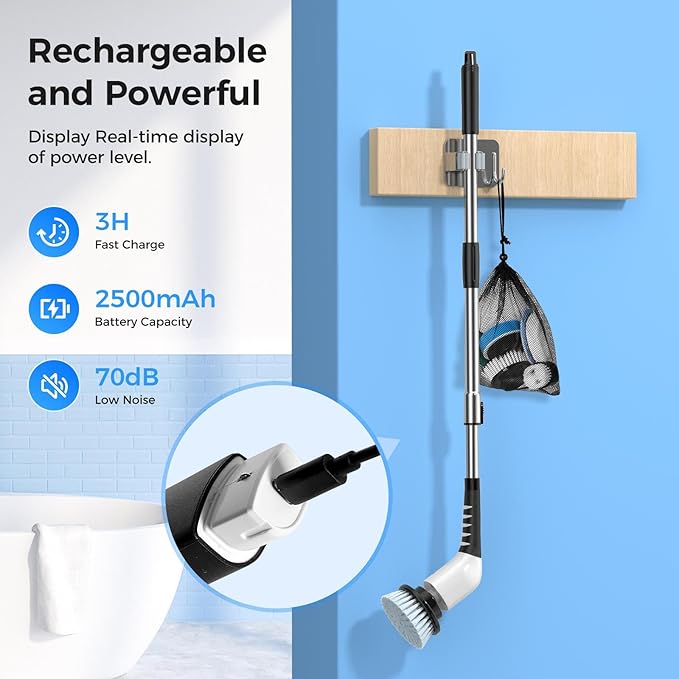 YKYI Cordless Electric Spin Scrubber, Power Cleaning Brush with 8 Replaceable Heads & Extension Handle for Bathroom, Tub, Tile, Floor, Grout, Car