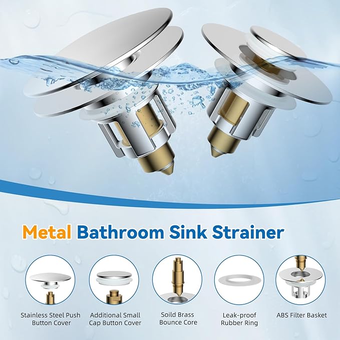 Universal Bathroom Sink Stopper, Metal Pop Up Sink Drain Strainer with Detachable Hair Catcher, Fits 1.1"-2.36" US Basin, Wash Basin Drain Plug with Big/Small Cover Cap, Brass Bounce Core, Chrome