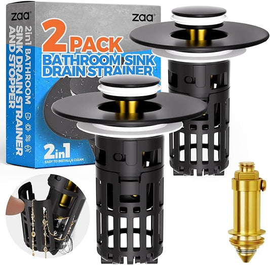 zaa Bathroom Sink Drain Strainer - Bathroom Sink Stopper, 2Pack Pop Up Sink Stopper with Removable Filter Strainer Basket for US Standard Bathroom Sink, Drain Plug Filter Replacement, Black