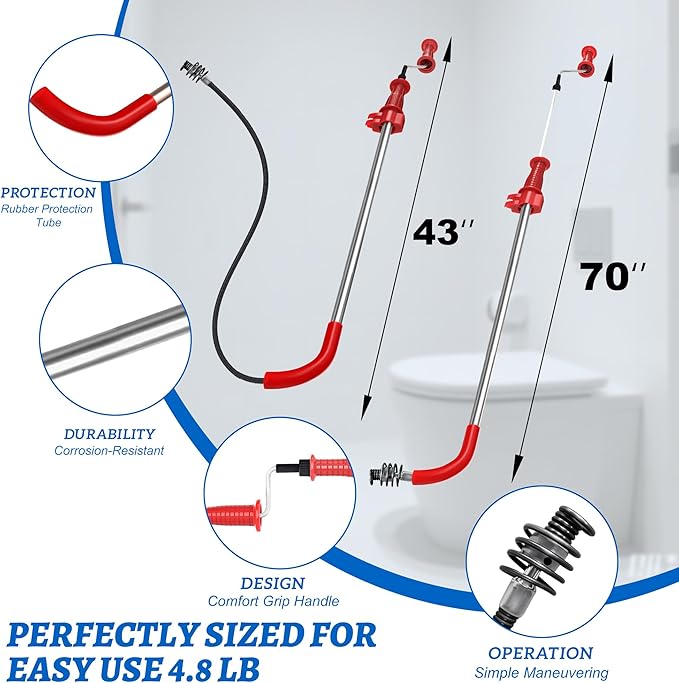 6 Ft Toilet Auger Snake Model K-6P 56658 Toilet Snake for Unclogging with 6-Foot Snake and Bulb Head, Heavy Duty Auger Snake for Unclogging Toilets for Home, Office, School, More