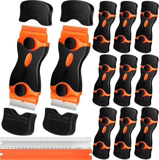 WILLBOND 72 Pcs Double Razor Blade Scraper Tool Set 12 Pcs 2 in 1 Razor Scraper Remover 60 Pcs Metal and Plastic Blades for Decal, Sticker, Label, Caulk Adhesive, Paint Stovetop, Subfloor (Orange)