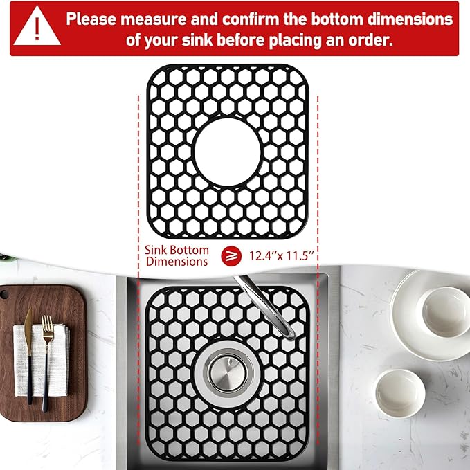 2 Pack Silicone Sink Protectors for Kitchen Sink - 12" x 11" Kitchen Grid Accessory, Non-Slip Heat-Resistant Mat for Bottom of Porcelain Stainless Steel, Dishwasher Safe (Black)