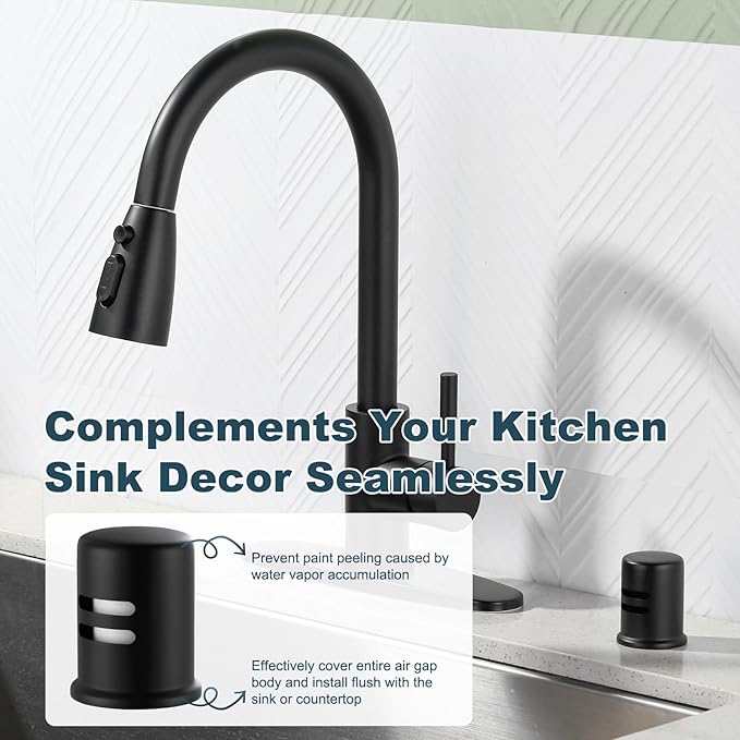 Dishwasher Air Gap Cover for Kitchen, Solid Brass Air Gap Cap with Skirted Design, Dishwasher Overflow Vent Cap Replacement Only, Matte Black