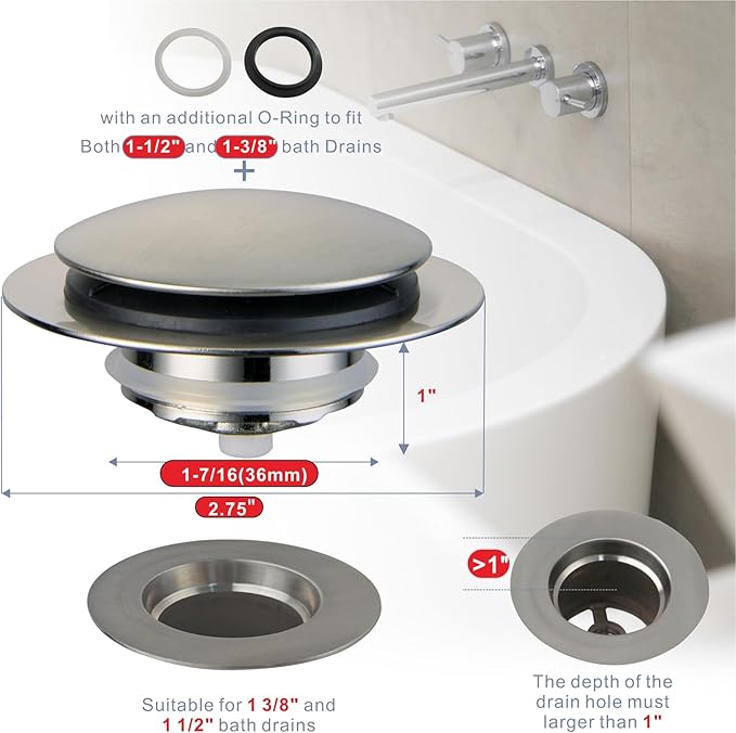 Brushed Bathtub Drain Stopper,Universal Pop Up Bath Drain, Hidrop Tip Toe Tub Drain Stopper,Conversion Kit Assembly, Replaces Lift and Turn,Tip-Toe and Trip Lever drains for Tub, EZ Install(Brushed)