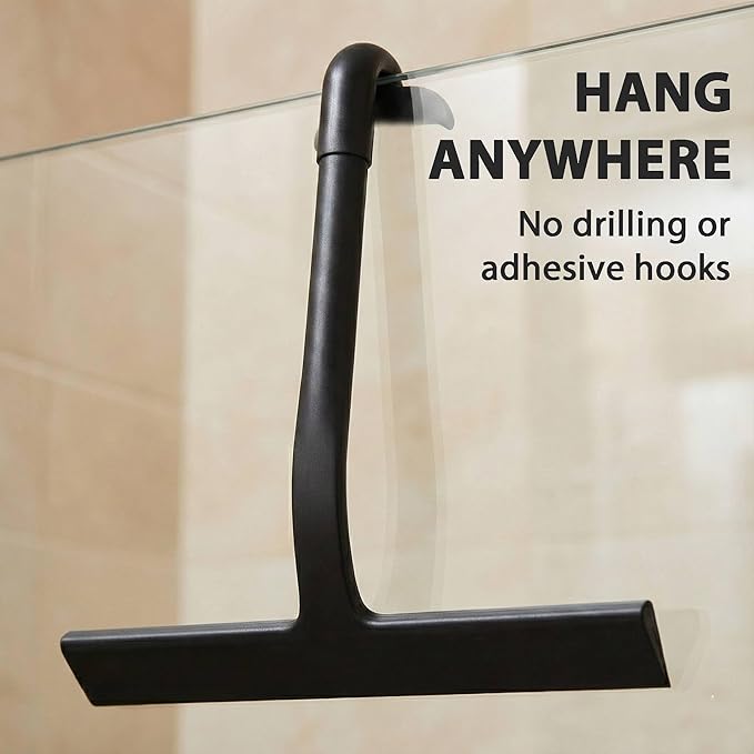 Shower Squeegee for Glass Doors, Hang Anywhere Silicone Shower Squeegee with Hook Design for Easy Hanging and Cleaning (Black)
