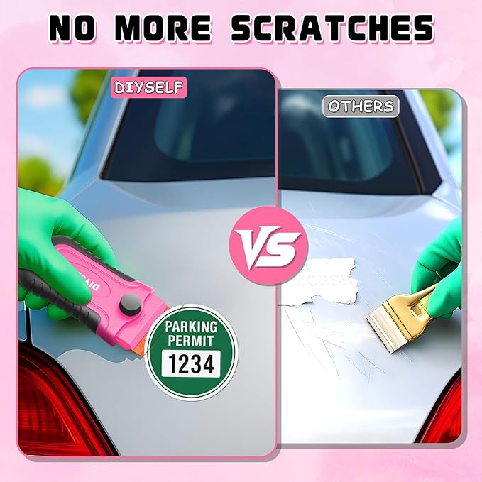 DIYSELF 2 Pcs Plastic Razor Blade Scraper with 10 Pcs Blades, Plastic Scraper Tool for Adhesive Remover, Scrapers for Cleaning Stickers, Decals, Glass, Windows, Car, No Scratches (Pink)
