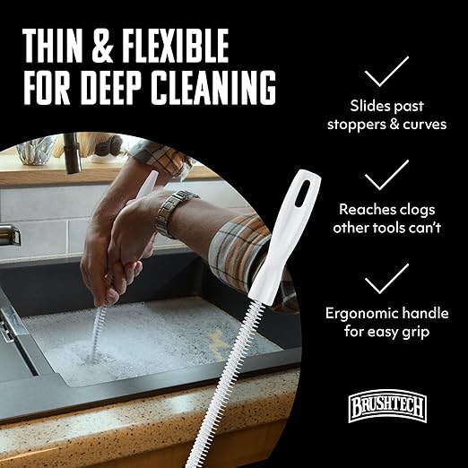 Brushtech Sink Drain & Overflow Cleaning Brush - Thin & Flexible Drain Cleaning Gadget for Clogs, Hair, & Debris - Long Pipe Cleaning Brush for Kitchen & Bathroom Sink Maintenance - Made in USA