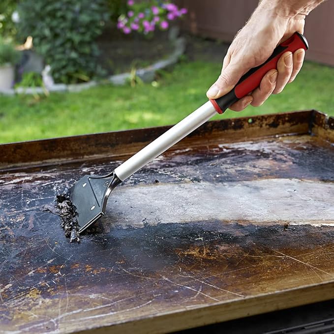 Heavy Duty Griddle Scraper for Flat Top Grills – 15.5” Long Handle Cleaning Tool w/ 5.5” Replaceable Flat Stainless Steel Blade - Removes Burnt-On Food & Grease - by FryOilSaver Co. - 90018